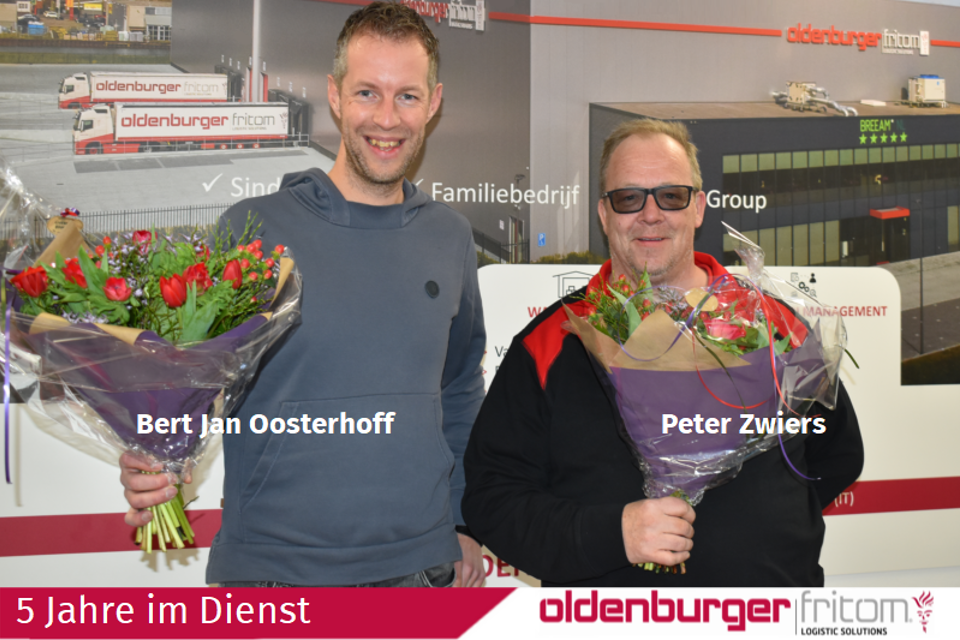 Peter Zwiers und Bert Jan Oosterhoff feiern ihr 5-jähriges Dienstjubiläum bei Oldenburger|Fritom.